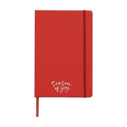 Rød notesbog i A5-format med bunden ryg, trykt logo, hårdt omslag, 96 cremefarvede, linjerede sider, elastiklukning og silkebånd.