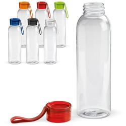 Gennemsigtig drikkeflaske med farvet hætte. Denne nyttige vandflaske er udstyret med en silikone rem, så den er nem at bære eller kan fastgøres til en taske. Kan også få trykt sit logo.