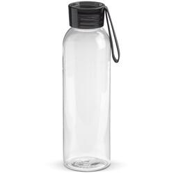 Gennemsigtig drikkeflaske med sort hætte. Denne nyttige vandflaske er udstyret med en silikone rem, så den er nem at bære eller kan fastgøres til en taske. Kan også få trykt sit logo.
