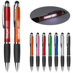 Pen med twist-funktion, hvor dit logo kan graveres og pænt lyse op ved hjælp af en LED-lampe. Pennen har stylus-funktion, og kan bruges til at trykke på mobil & tablet.