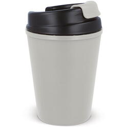 Grå plastik to-go kaffekop med 1-farvet logo.