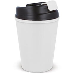 Hvidt kaffekrus som kan tages med på farten, med 1-farvet logo.