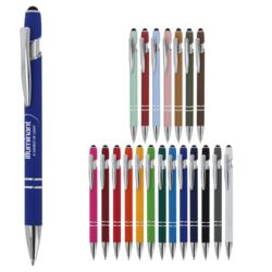 Metalpen med stylus-funktion for skærmbrug samt gummireret greb - med logo