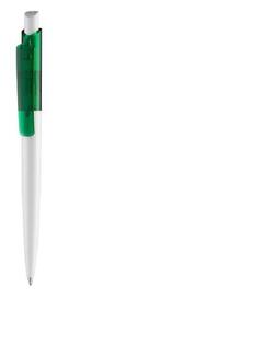 Hvid/grøn plastkuglepen, med patenteret system, med trykmekanisme, god kraftig kvalitet og med trykt logo og farvet transparent top.