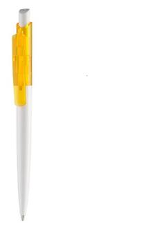 Hvid/gul plastkuglepen, med patenteret system, med trykmekanisme, god kraftig kvalitet og med trykt logo og farvet transparent top.