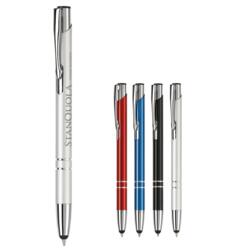 kuglepen i alumiminium med et eksklusivt udtryk, med blåt blæk og lasergravet logo. Denne pen har touch som kan bruges til enheder med touch.