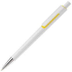 Hvid/gul kuglepen med trykmekanisme og metalspids, blåt blæk og trykt logo.