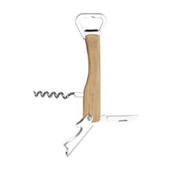 Foldbar tjenerkniv i metal med bambusgreb og trykt logo, og 4 funktioner: proptrækker, 2 flaskeåbnere og kniv. Hvert stykke i en kasse lavet af genanvendt pap. Længde: 13,60 cm,  højde: 1.5 cm, Bredde: 3 cm