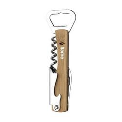 Foldbar tjenerkniv i metal med bambusgreb og trykt logo, og 4 funktioner: proptrækker, 2 flaskeåbnere og kniv. Hvert stykke i en kasse lavet af genanvendt pap. Længde: 13,60 cm,  højde: 1.5 cm, Bredde: 3 cm