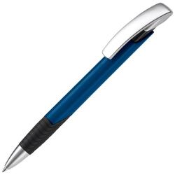 Unik design-kuglepen med gummi-fingergreb og forsølvet clips og materet metalspids, med blå blæk og trykt logo.