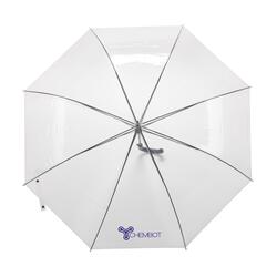 Smarte transparent paraply med automatisk teleskopåbning, gennemsigtig skærm, metalstel, trykt logo, plasthåndtag, knaplukning og er i størrelsen 99 cm.