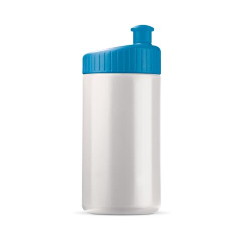Klassisk hvid og lyseblå lækfri drikkeflaske i BPA-.fri plast, 500 ml med trykt logo