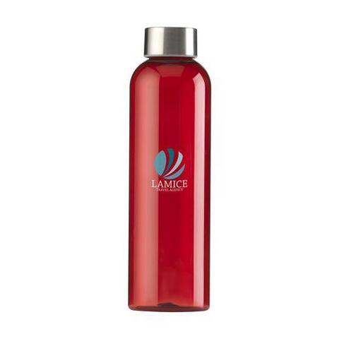 Transparent rød, BPA-fri vandflaske af holdbart Eastman Tritan™. Med skruelåg i rustfrit stål. Det slanke design skiller sig ud og føles godt i hånden. Spildfri. Kapacitet på 650 ml og trykt logo.