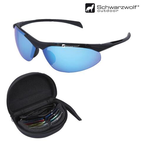 Multifunktions-sports-solbrillesæt til dig, der vil have alt i én løsning: Kørebrille, skibrille, vandsportsbrille og alm. solbriller. Kvalitetssolbrille fra Schwarzwolf med udskiftelige linser i 5 forskellige farver. "Smoke", klar, REVO blå (vandsport). REVO grøn (kørebrille) og REVO rød (skibrille). Med sort plaststel, polycarbonat UV400 linser, pakket i sort mikrofiber i hardcase-beholder. Leveres i Schwarzwolf Outdoor gaveæske.