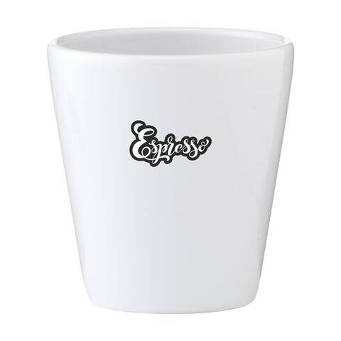 Trendy hvidt krus uden hank som er egnet til alle kaffemaskiner ligesom en espresso kop. Lavet i keramik af høj kvalitet. Tåler opvaskemaskine og er med trykt logo i 2 farver.