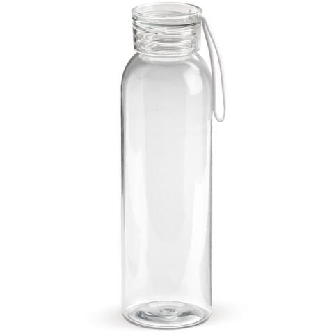 Gennemsigtig drikkeflaske med hvid hætte. Denne nyttige vandflaske er udstyret med en silikone rem, så den er nem at bære eller kan fastgøres til en taske. Kan også få trykt sit logo.