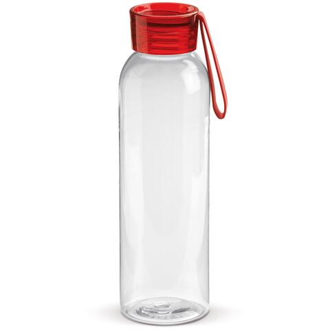 Gennemsigtig drikkeflaske med rød hætte. Denne nyttige vandflaske er udstyret med en silikone rem, så den er nem at bære eller kan fastgøres til en taske. Kan også få trykt sit logo.