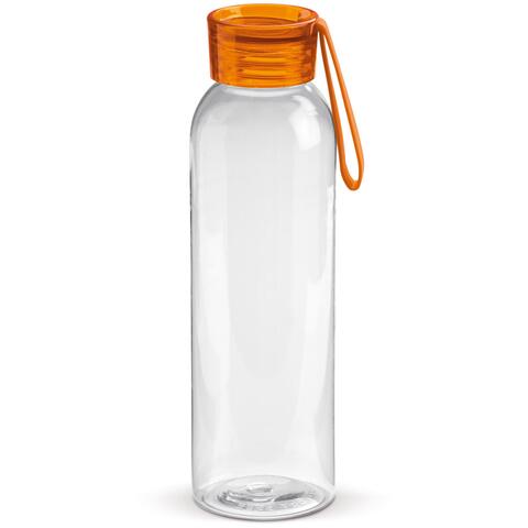 Gennemsigtig drikkeflaske med orange hætte. Denne nyttige vandflaske er udstyret med en silikone rem, så den er nem at bære eller kan fastgøres til en taske. Kan også få trykt sit logo.