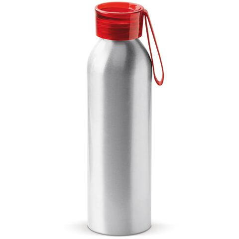 Rød drikkeflaske i aluminium med farvet hætte. Denne flaske er udstyret med en nyttig silikone-rem, så den er nem at bære og kan fastgøres til en taske og med trykt logo