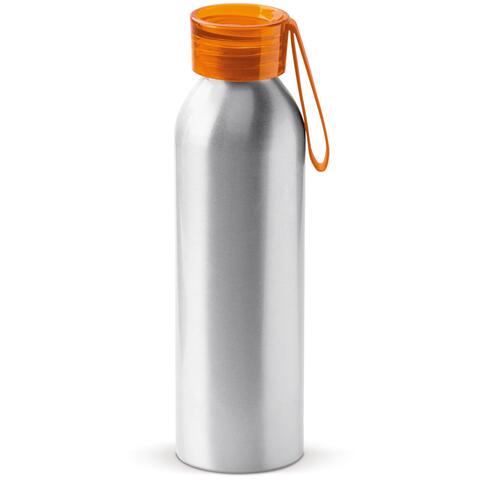 Orange drikkeflaske i aluminium med farvet hætte. Denne flaske er udstyret med en nyttig silikone-rem, så den er nem at bære og kan fastgøres til en taske og med trykt logo