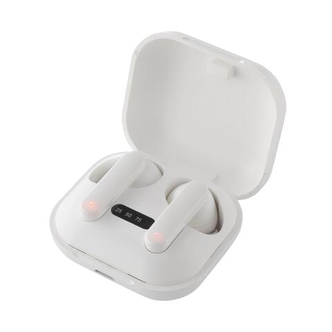 Hvid true wireless øretelefoner i opladningsetui med 1 farvet logo