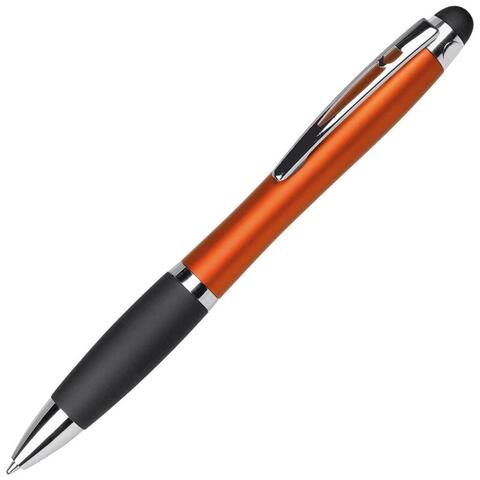 Orange pen med twist-funktion, hvor dit logo kan graveres og pænt lyse op ved hjælp af en LED-lampe. Pennen har stylus-funktion, og kan bruges til at trykke på mobil & tablet.