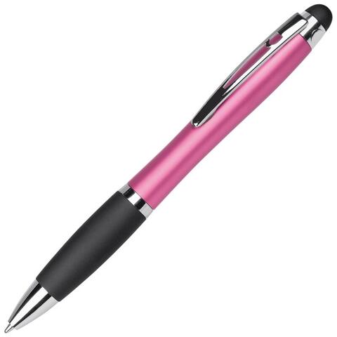 Pink pen med twist-funktion, hvor dit logo kan graveres og pænt lyse op ved hjælp af en LED-lampe. Pennen har stylus-funktion, og kan bruges til at trykke på mobil & tablet.