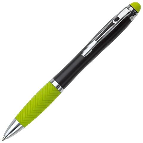 Pen med twist-funktion, gummigreb i flotte farver med matchende farve på touch-pad´en på toppen. Logoet lasergraveres i str. 40 x 6 mm, og det lyser op vha. LED-pære.