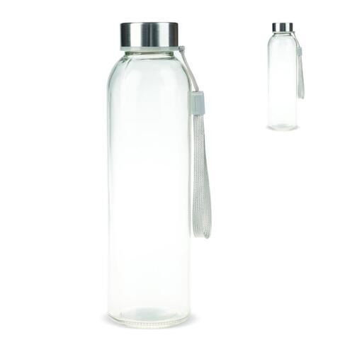 500 ml glas vandflaske med rem på låget, mulighed for forskellige tryk af logo på enten låg eller flaske.
