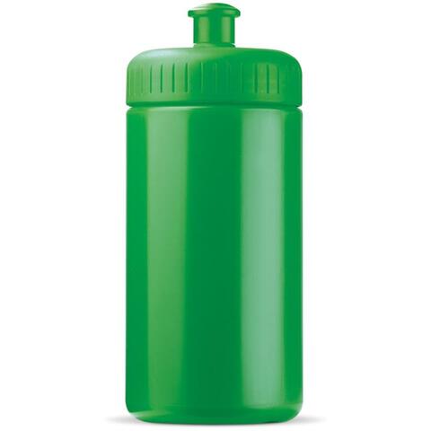 Grøn sportsflaske med mange farver i forskellige kombinationer, med 1-farvet logo.