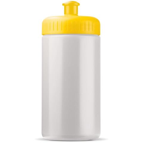 Hvid/gul sportsflaske med mange farver i forskellige kombinationer, med 1-farvet logo.