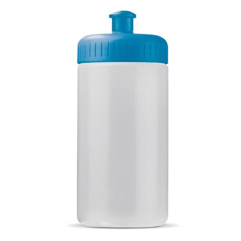 Hvid/lyseblå sportsflaske med mange farver i forskellige kombinationer, med 1-farvet logo.