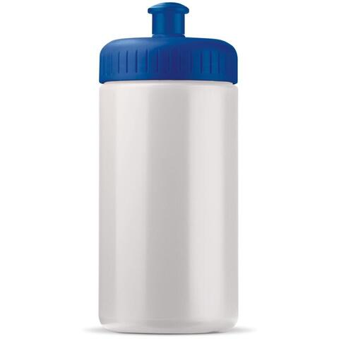 Hvid/mørkeblå sportsflaske med mange farver i forskellige kombinationer, med 1-farvet logo.