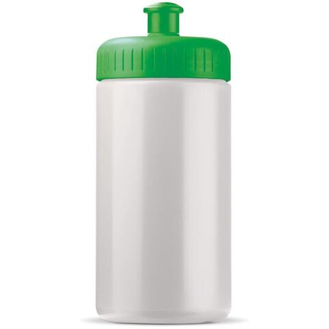 Hvid/grøn sportsflaske med mange farver i forskellige kombinationer, med 1-farvet logo.