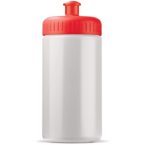 Hvid/rød sportsflaske med mange farver i forskellige kombinationer, med 1-farvet logo.