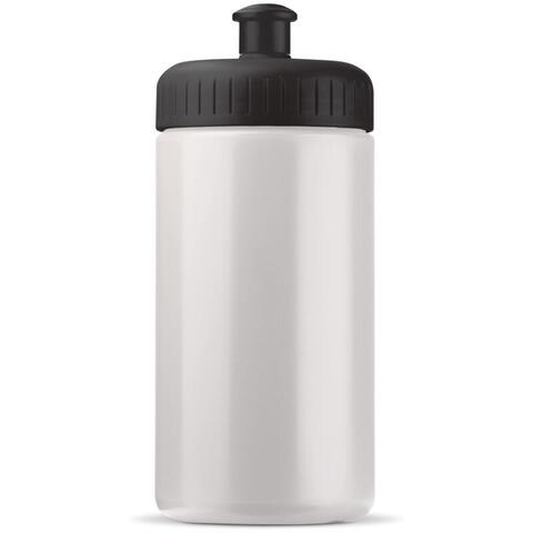 Hvid/sort sportsflaske med mange farver i forskellige kombinationer, med 1-farvet logo.