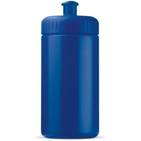 Mørkeblå sportsflaske med mange farver i forskellige kombinationer, med 1-farvet logo.