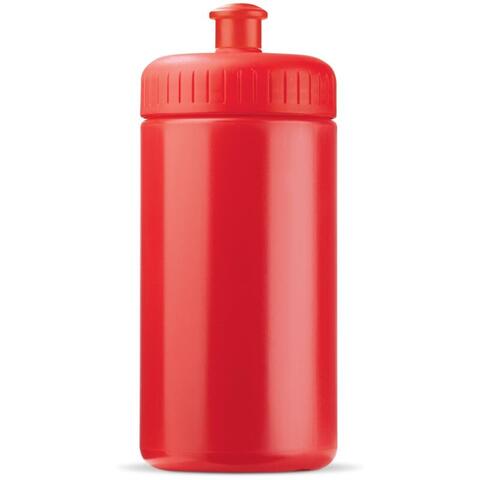 Rød sportsflaske med mange farver i forskellige kombinationer, med 1-farvet logo.