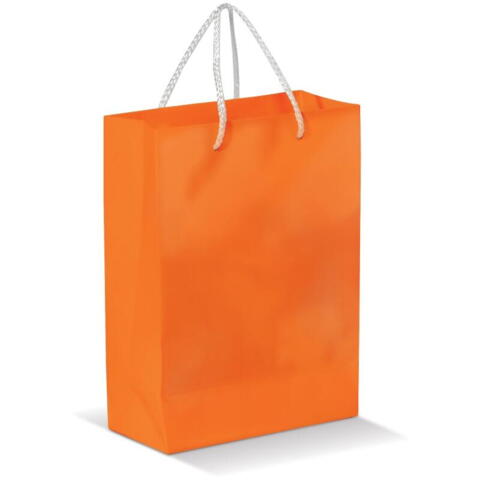 orange papirspose med logo & bomuldssnor 8x18x24 cm
