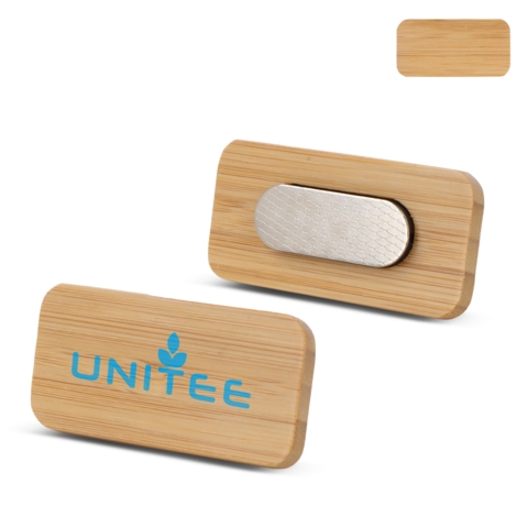 Navneskilte i bambus med magnet, logo og navn