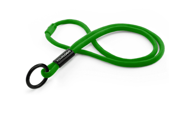 Rund 10 mm keyhanger med nakkesikring og logo på plastspænde