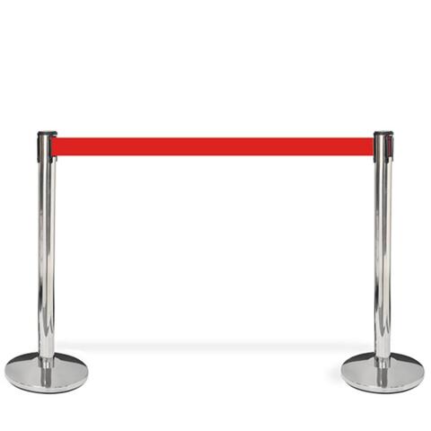 Afspærringsstander, 1 stk, metal, 3 m bånd, sølv stolpe, rødt bånd