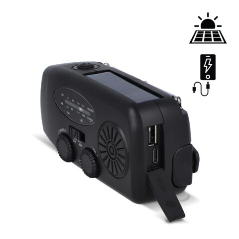 Nødradio Safesound: Radio AM/FM, powerbank 1800 mAh og lommelygte for 15 timer. Med solcelleopladning, håndsving eller USB-C-kabel