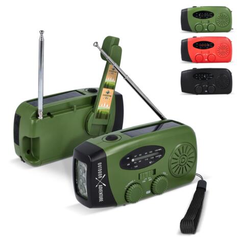Safesound Nødradio med Radio, Lommelygte, Powerbank - Opladning: håndsving/USB/Solcelle
