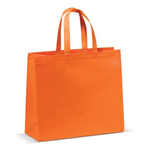 Taske af non-woven materiale 35x40 cm med bund - 16 cm bred, orange, med tryk