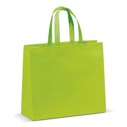 Taske af non-woven materiale 35x40 cm med bund - 16 cm bred, lysegrøn, med tryk - billig