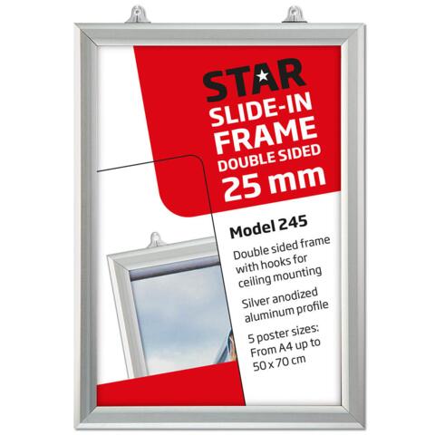 Ramme, Slide-in, dobbeltsidet, vertikal, 25 mm aluminium profil, sølv