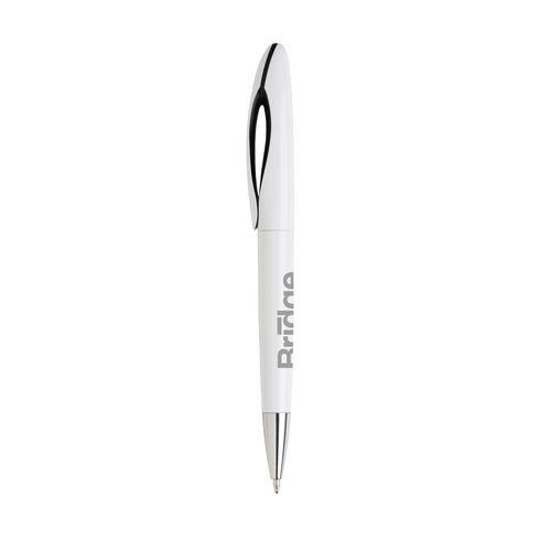 Hvid/sort kuglepen med designet clip, dreje-klik-system og metal-spids, med blå blæk og trykt logo.