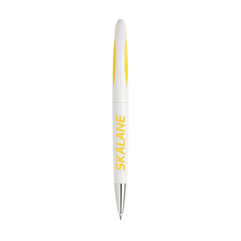 Hvid/gul kuglepen med designet clip, dreje-klik-system og metal-spids, med blå blæk og trykt logo.