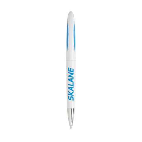Hvid/lyseblå kuglepen med designet clip, dreje-klik-system og metal-spids, med blå blæk og trykt logo.